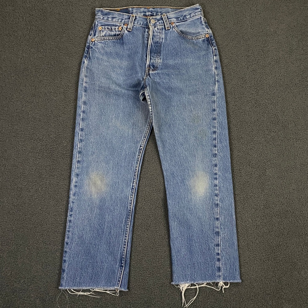 Vintage 90s Levis 501 Jeans FITS 27x26 Blue Denim Button Fly Made USA Distressed